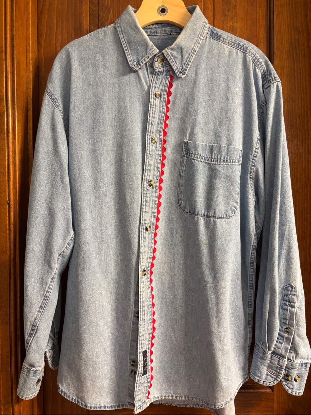 Upcycled light wash denim shirt with Rick rack trim